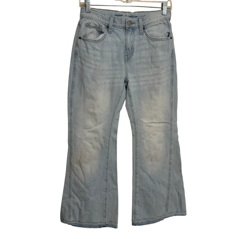 Old Navy High-Rise Baggy Flare Jeans Women's 14 Light Blue Raw Hem READ Descrip